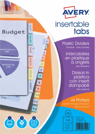 AVERY AVE INTERCALAIRES A4 6 TOUCHES POLYPRO ONGLETS PERSONNALISABLES (AVE05611501)