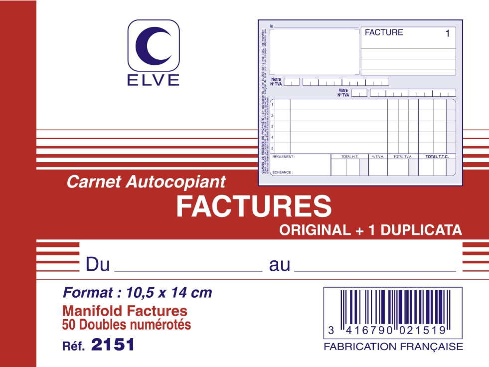 ELVE ELV MANIFOLD AUTOCOPIANT FACTURE FORMAT 10.5X14CM 50 FEUILLET S DUPLI (283433)